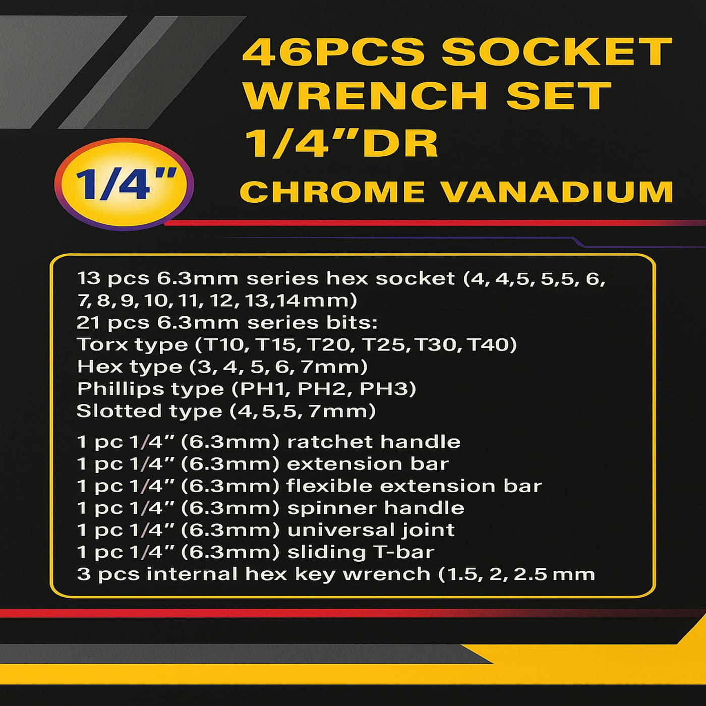 Σετ Καρυδάκια 46 Τεμαχίων 1/4" (46PCS 1/4" Drive Chrome Vanadium Socket Wrench Set) - Image 2