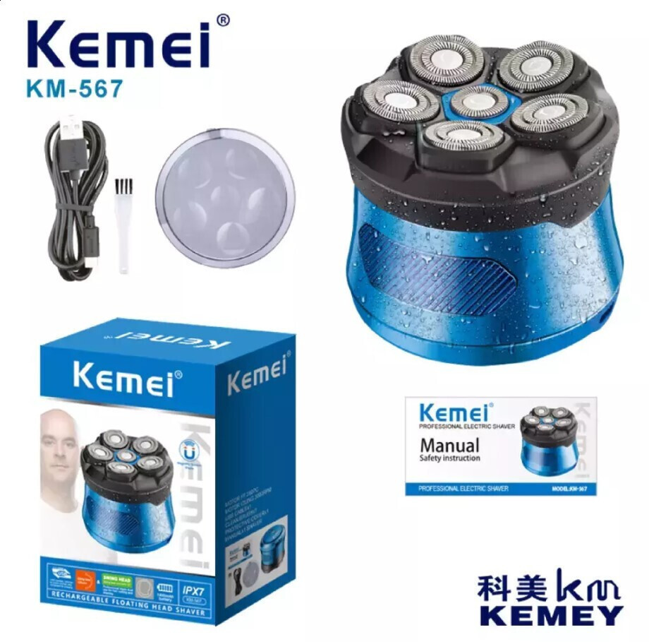 Kemei KM-567 Ξυριστική Μηχανή Κεφαλής και Προσώπου Επαναφορτιζόμενη Αδιάβροχη